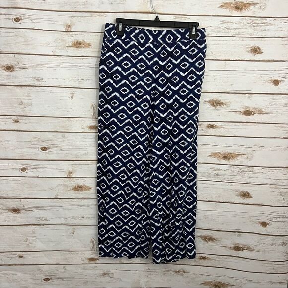 Loft Blue White Linen Blend Ikat Pull On Pants - Picture 1 of 5